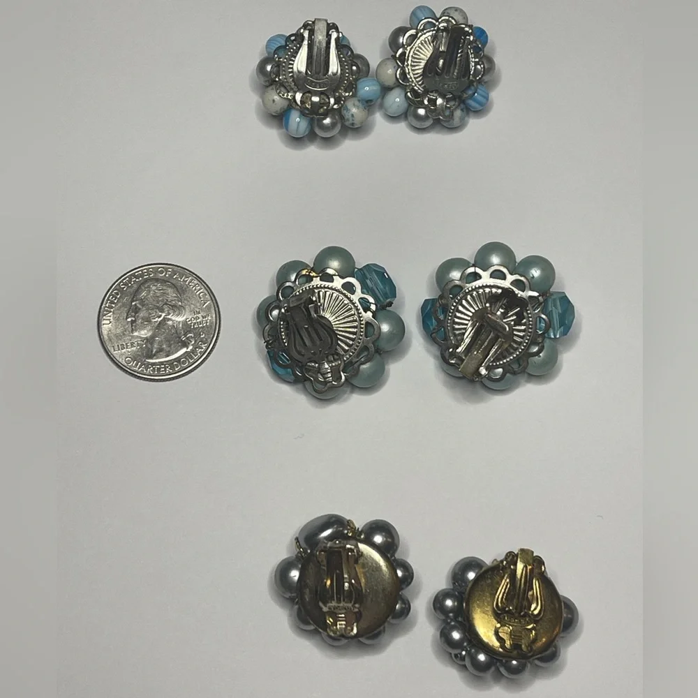Vintage clip earrings marked Japan lot of 3 pairs blue beaded gold silver gift - Picture 7 of 15